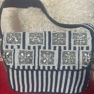 Embellished Beaded  Bag - Navy and White